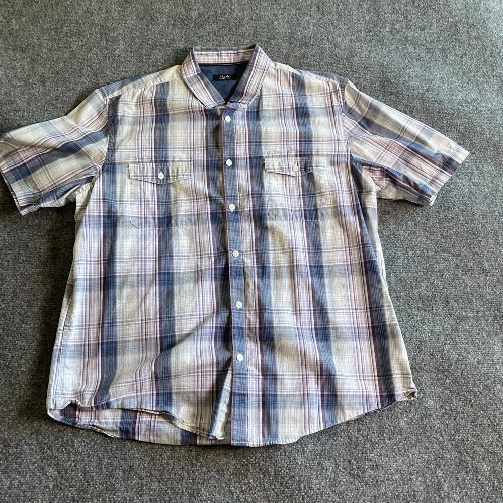 Alfani Mens XL Regular Fit Short Slv Button Down Shirt Plaid Blue Purple Cotton
